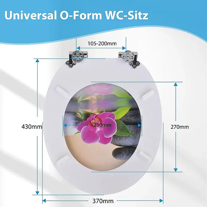 SAINOS WC-Sitz MDF WC-Sitz, Universal-O-Form, Absenkautomatik, Unten - MDF, Mehrfarbig, Mit Absenkautomatik - Weißer O-förmiger Toilettensitz mit rosa Orchideenmotiv und Maßen: 430x370mm, innen 270x230mm, Scharnierabstand 105-200mm.