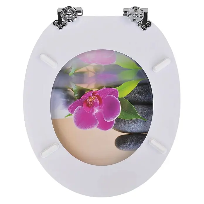 SAINOS WC-Sitz MDF WC-Sitz, Universal-O-Form, Absenkautomatik, Unten - MDF, Mehrfarbig, Mit Absenkautomatik - Weißer Toilettensitz mit Chromscharnieren und einem zentralen Blumendesign mit einer pinken Orchidee und Spasteinen. Inklusive vier weißen Gummipuffern.