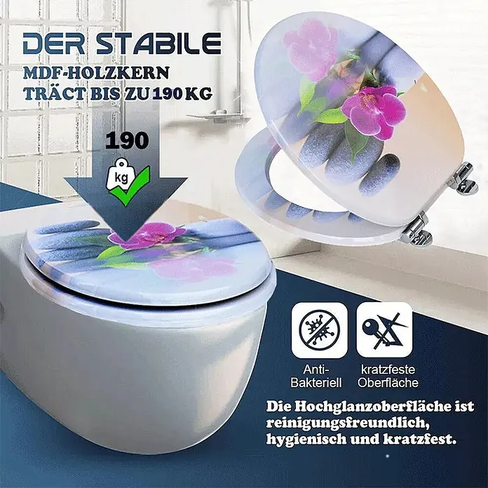 SAINOS WC-Sitz MDF WC-Sitz, Universal-O-Form, Absenkautomatik, Unten - MDF, Mehrfarbig, Mit Absenkautomatik - MDF-Toilettensitz mit Orchideen- und Steinmotiv, bis 190 kg belastbar, antibakteriell und kratzfest.