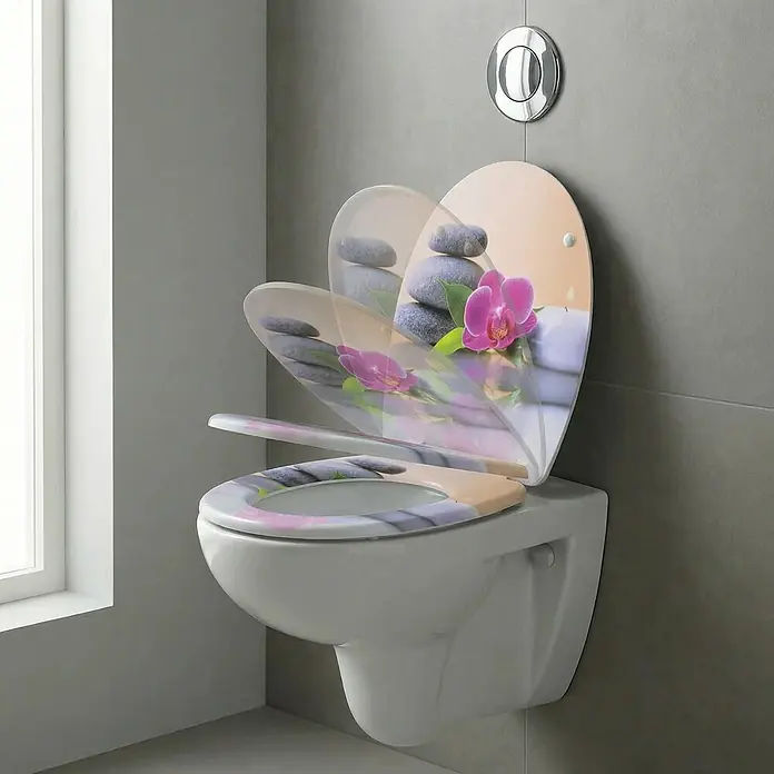 SAINOS WC-Sitz MDF WC-Sitz, Universal-O-Form, Absenkautomatik, Unten - MDF, Mehrfarbig, Mit Absenkautomatik - Dekorativer Toilettensitz mit beruhigendem Spa-Motivdruck, Steinen und rosa Orchideen.