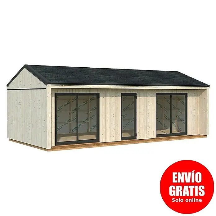 Palmako Caseta de jardín Rebekka - Medidas ext. (An x Pr): 901 x 446 cm, Madera, Natural - Caseta modular de madera clara con techo negro y grandes puertas correderas de cristal.
