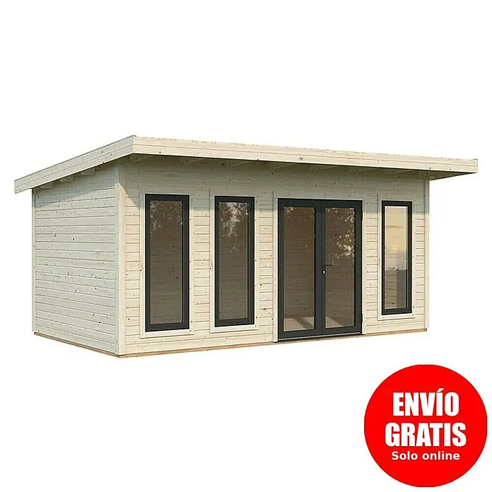 Palmako Caseta de jardín Aurelia - Medidas ext. (An x Pr): 574 x 404 cm, Madera, Natural - Caseta de jardín de madera clara con ventanas de marco negro y puerta doble, con techo plano moderno.