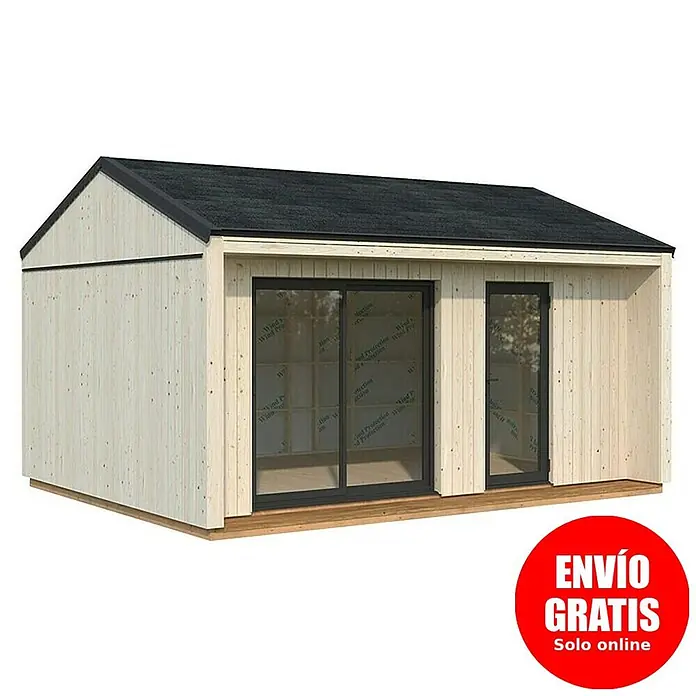 Palmako Caseta de jardín Rebekka - Medidas ext. (An x Pr): 562 x 446 cm, Madera, Natural - Cabaña de madera clara moderna con techo negro y puertas correderas de cristal con marco negro.