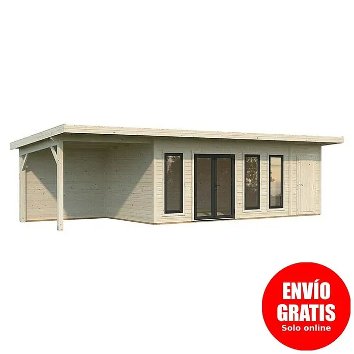 Palmako Caseta de jardín Aurelia - Medidas ext. (An x Pr): 995 x 404 cm, Madera, Natural - Caseta de jardín de madera clara con porche cubierto y ventanas y puertas con marcos oscuros.