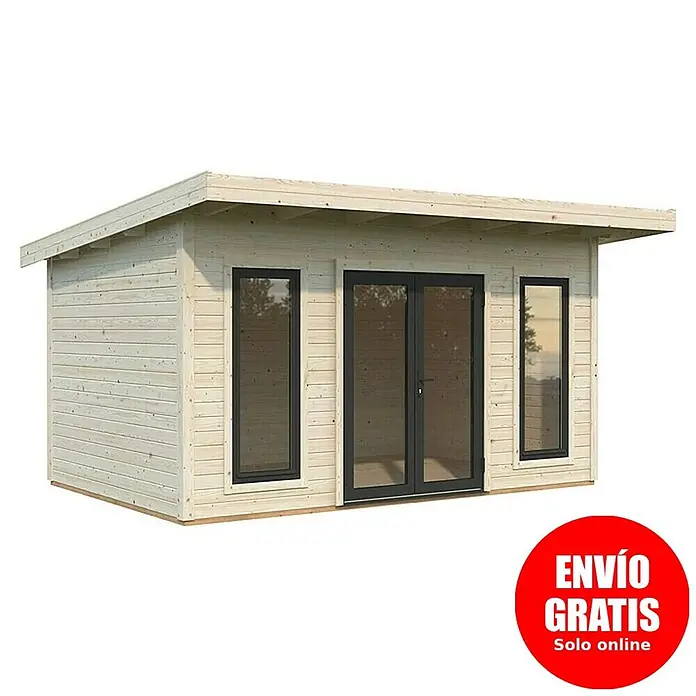 Palmako Caseta de jardín Aurelia - Medidas ext. (An x Pr): 490 x 404 cm, Madera, Natural - Cabaña de jardín de madera clara con grandes ventanas de marco oscuro y puertas dobles, ideal como cobertizo u oficina moderna.