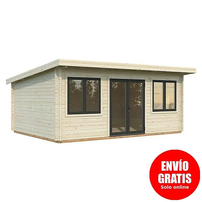 Palmako Caseta de jardín Lisandra - Medidas ext. (An x Pr): 578 x 451 cm, Madera, Natural - Caseta de jardín de madera clara con techo plano, ventanas de marco oscuro y doble puerta.