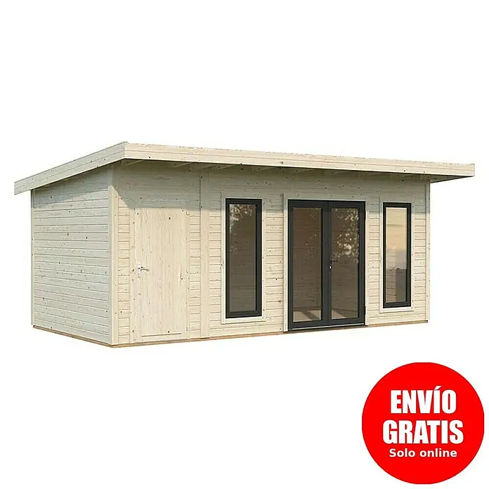 Palmako Caseta de jardín Aurelia - Medidas ext. (An x Pr): 630 x 404 cm, Madera, Natural - Moderna caseta de jardín de madera clara con techo plano, una puerta de madera y varias puertas y ventanas de cristal oscuro.