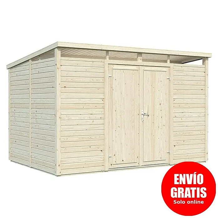 Palmako Caseta para jardín Elias - Medidas ext. (An x Pr): 337 x 247 cm, Madera, Natural - Caseta de jardín de madera clara con techo inclinado y puertas dobles.