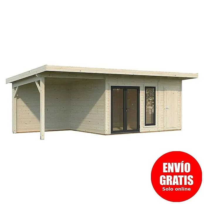 Palmako Caseta de jardín Aurelia - Medidas ext. (An x Pr): 761 x 404 cm, Madera, Natural - Caseta de jardín de madera clara con porche abierto integrado, moderna puerta doble de cristal y pequeña puerta lateral.