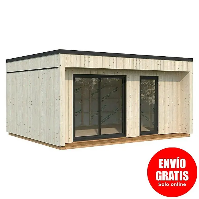 Palmako Caseta de jardín Johanna - Medidas ext. (An x Pr): 562 x 448 cm, Madera, Natural - Cabaña prefabricada moderna de madera natural clara con techo plano negro y grandes puertas corredizas de vidrio, ideal para oficina o espacio modular.
