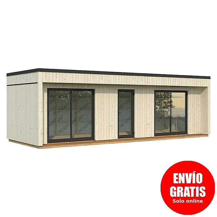Palmako Caseta de jardín Johanna - Medidas ext. (An x Pr): 901 x 339 cm, Madera, Natural - Edificio modular de madera clara con puertas y ventanas correderas de cristal con marco negro y techo plano negro.
