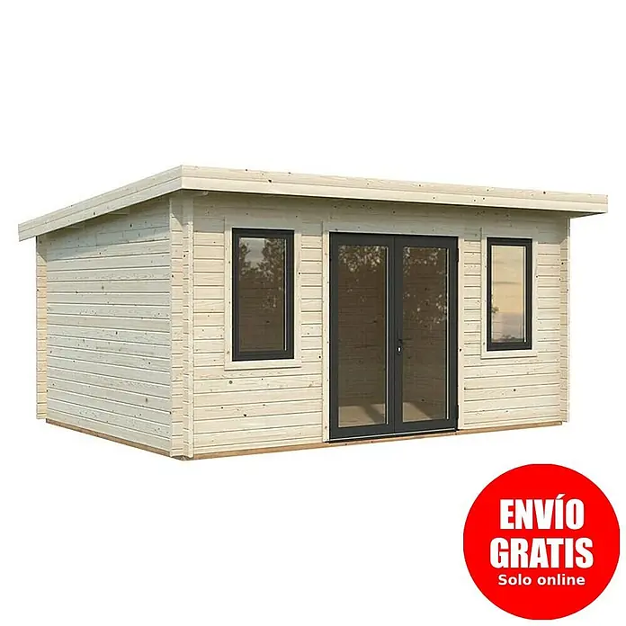 Palmako Caseta de jardín Lisandra - Medidas ext. (An x Pr): 494 x 394 cm, Madera, Natural - Caseta de jardín de madera natural clara con puertas dobles y dos ventanas enmarcadas en oscuro.