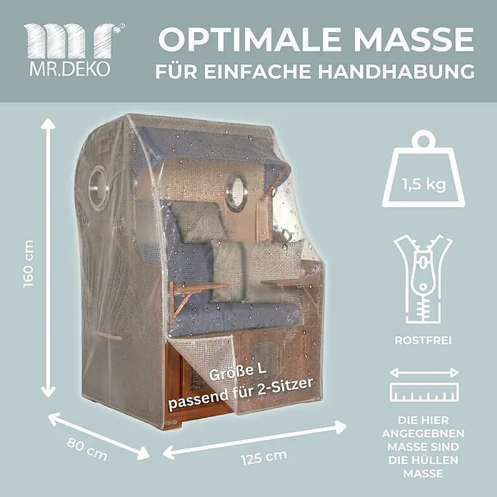 Bene Protect Strandkorb-Schutzhülle PVC Größe L - PE-Bändchengewebe, weiß - Transparente Schutzhülle für einen 2-Sitzer Strandkorb, mit Maßen von 160x125x80 cm und rostfreien Reißverschlüssen.