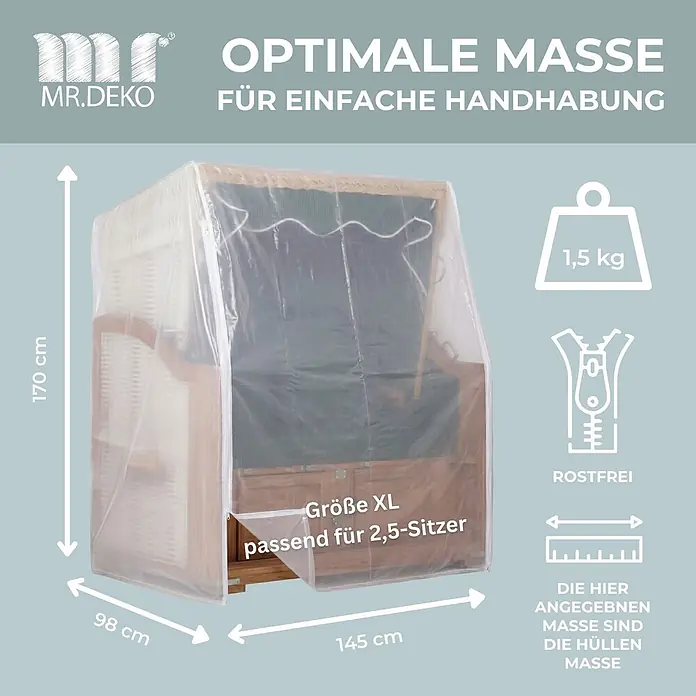 Bene Protect Strandkorb-Schutzhülle PVC Größe XL - L x B x H: 98 x 145 x 170 cm, UV-Stabilisiert, 2 g/m², weiß - Transparente Schutzhülle in XL für einen 2,5-Sitzer Strandkorb, 170x145x98 cm, mit rostfreiem Reißverschluss.