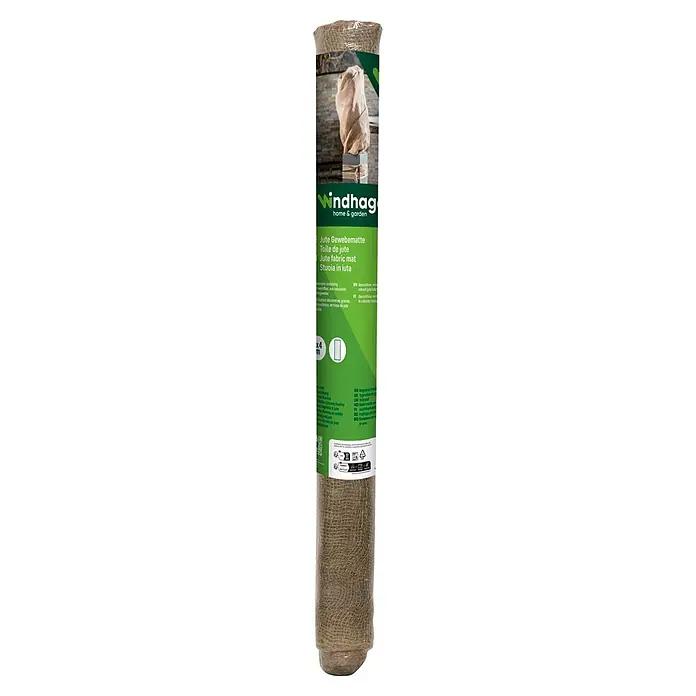 Windhager Jute-Gewebematte - Natur, L x B: 1 x 4 m, 200 g/m² - Ein Rolle braune Jutegewebematte, verpackt mit einem "Windhag home & garden" Etikett.