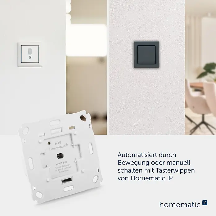 Homematic IP Funk-Lichtschalter Schaltaktor HmIP-BS2 - Unterputz, 37 x 71 x 71 mm - Weißer Homematic IP HmIP-BS2 2-Kanal Schaltaktor, abgebildet mit weißen und dunkelgrauen Lichtschaltern. Zur automatischen oder manuellen Steuerung.