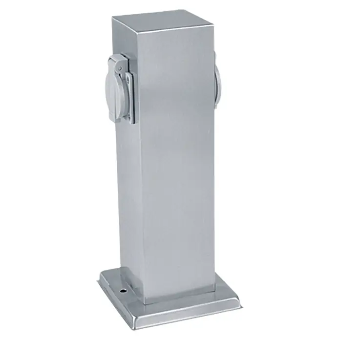Starlux Gomera Columna para enchufes de exterior - Número de enchufes Schuko: 2 ud. - Una caja de distribución de energía plateada para exteriores con dos tomas redondas y una base cuadrada.