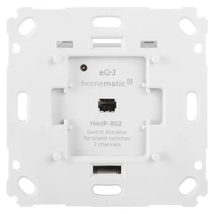Homematic IP Funk-Lichtschalter Schaltaktor HmIP-BS2 - Unterputz, 37 x 71 x 71 mm - Weißer Homematic IP HmIP-BS2 2-Kanal Schaltaktor für Markenschalter, Rückseite mit Anschluss und Text.
