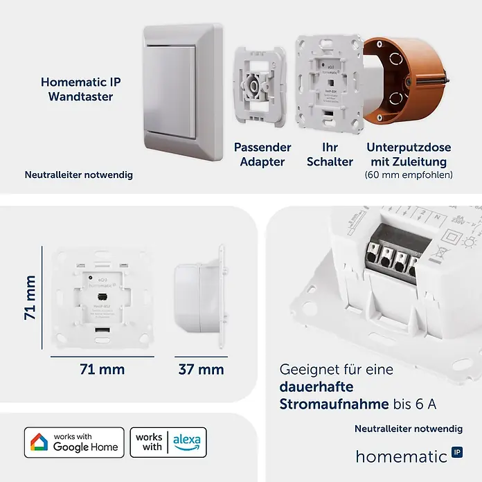 Homematic IP Funk-Lichtschalter Schaltaktor HmIP-BS2 - Unterputz, 37 x 71 x 71 mm - Weiße Homematic IP Smart-Home-Wandtaster-Komponenten: Taster, Adapter, Schaltmodul und Unterputzdose. Neutralleiter erforderlich, bis 6A, Google Home/Alexa kompatibel.