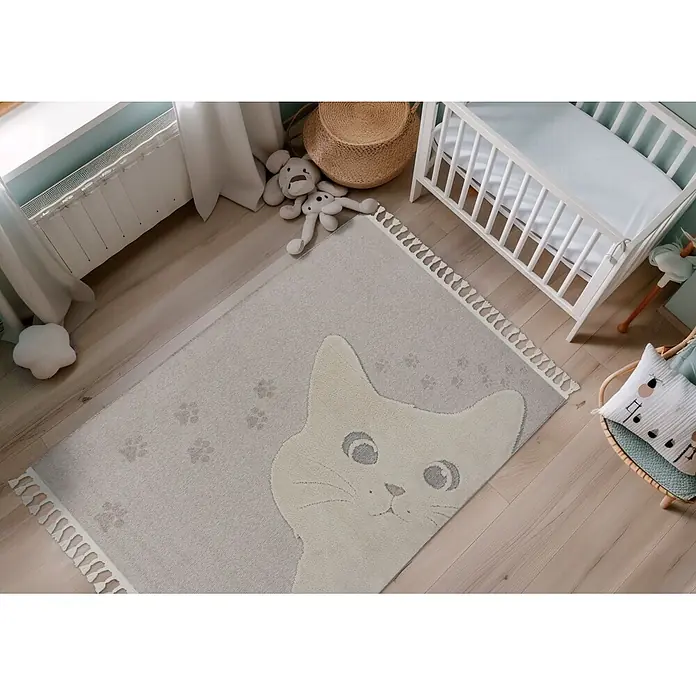 Kayoom Kinderteppich Modena 421 - Grau/Braun, 230 x 160 cm, 100 % Polypropylen - Hellbeiger Teppich mit großer Katzenkopf- und Pfotenabdruck-Motiv.