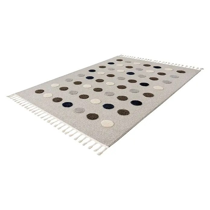 Kayoom Kinderteppich Modena 419 - Grau, 170 x 120 cm, 100 % Polypropylen - Hellgrauer Teppich mit erhabenen Punkten in Weiß, Braun, Grau und Dunkelblau. Mit dekorativen Fransen an den Kanten.