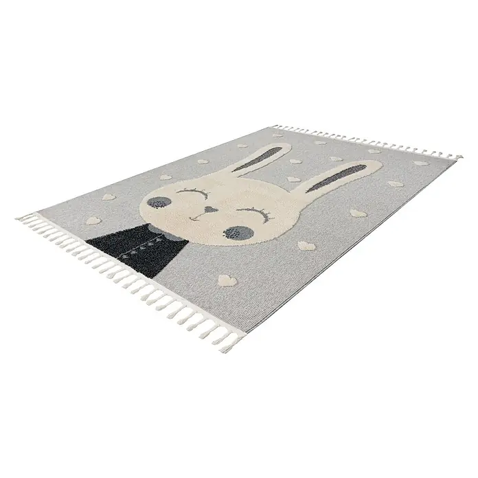 Kayoom Kinderteppich Modena 420 - Grau, 170 x 120 cm, 100 % Polypropylen - Hellgrauer Teppich mit weißem Hasengesicht, grauen Details, Herzformen und Quasten.