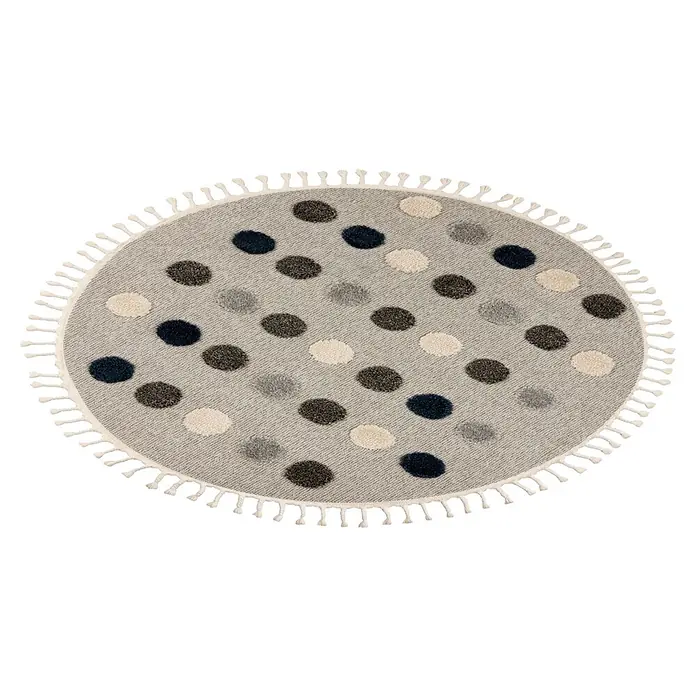 Kayoom Kinderteppich Modena 419 - Grau, Durchmesser: 130 cm, 100 % Polypropylen - Runder hellgrauer Teppich mit dunkelblauen, dunkelgrauen, hellgrauen und cremefarbenen Polka-Dots und Fransenrand.