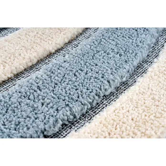 Kayoom Kinderteppich Modena 416 - Blau, 230 x 160 cm, 100 % Polypropylen - Gestreifter Teppich mit weichem cremefarbenen und blauem Flor, getrennt durch eine gewebte graue Basis.