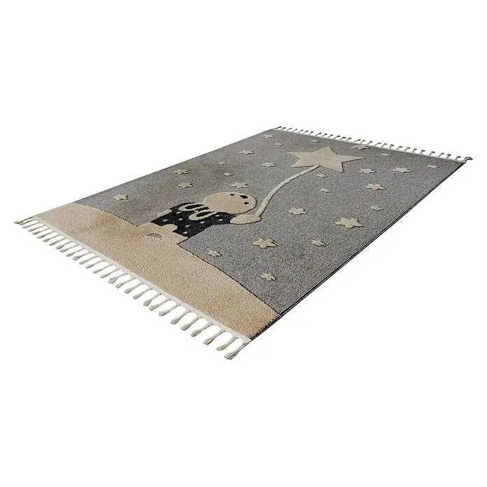Kayoom Kinderteppich Modena 418 - Grau, 170 x 120 cm, 100 % Polypropylen - Grauer Kinderteppich mit beigem Hasen, Sternballon, kleinen Sternen und Quasten.