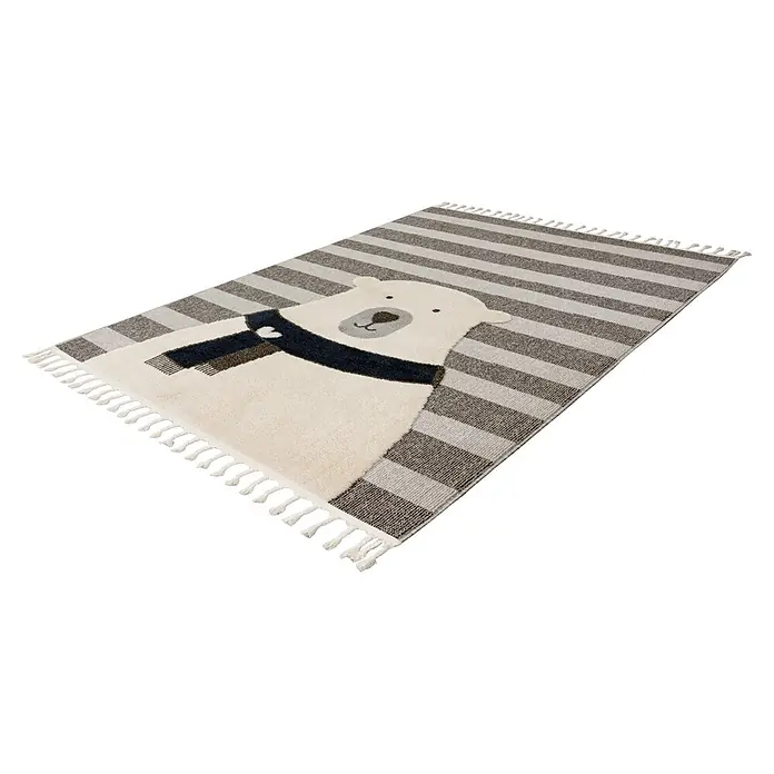 Kayoom Kinderteppich Modena 423 - Grau, 170 x 120 cm, 100 % Polypropylen - Rechteckiger Teppich mit grau-weißen Streifen, Eisbärmotiv und Quasten.