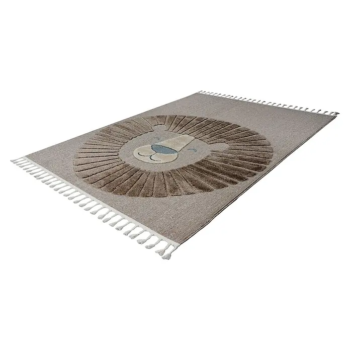 Kayoom Kinderteppich Modena 424 - Grau, 170 x 120 cm, 100 % Polypropylen - Kinderteppich mit hellbraunem Löwenkopfmotiv, strukturierter Mähne und Quasten.