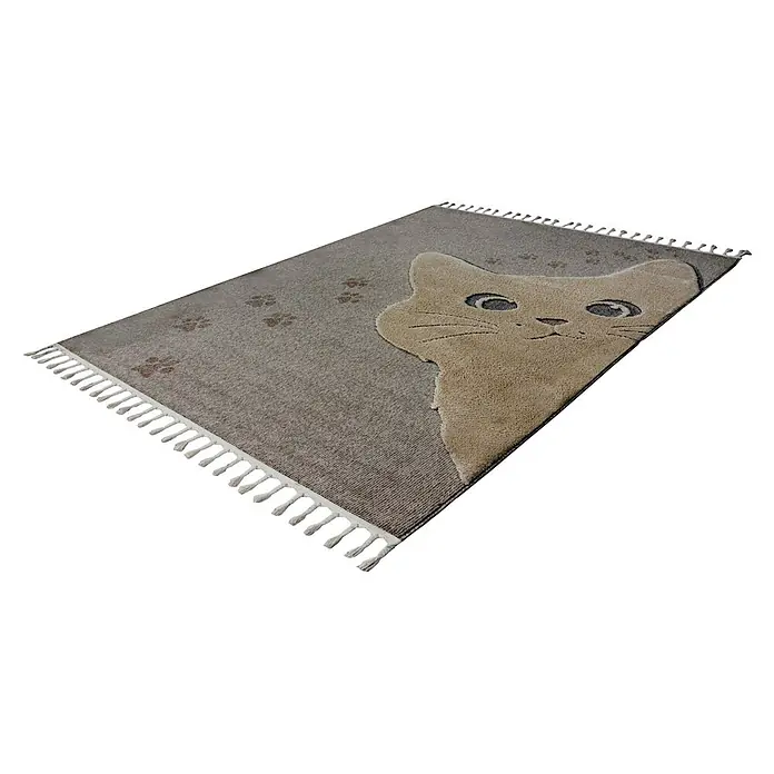 Kayoom Kinderteppich Modena 421 - Grau/Braun, 230 x 160 cm, 100 % Polypropylen - Rechteckiger beigefarbener und brauner Teppich mit prominentem Katzenkopf-Design, Pfotenabdrücken und Fransen.