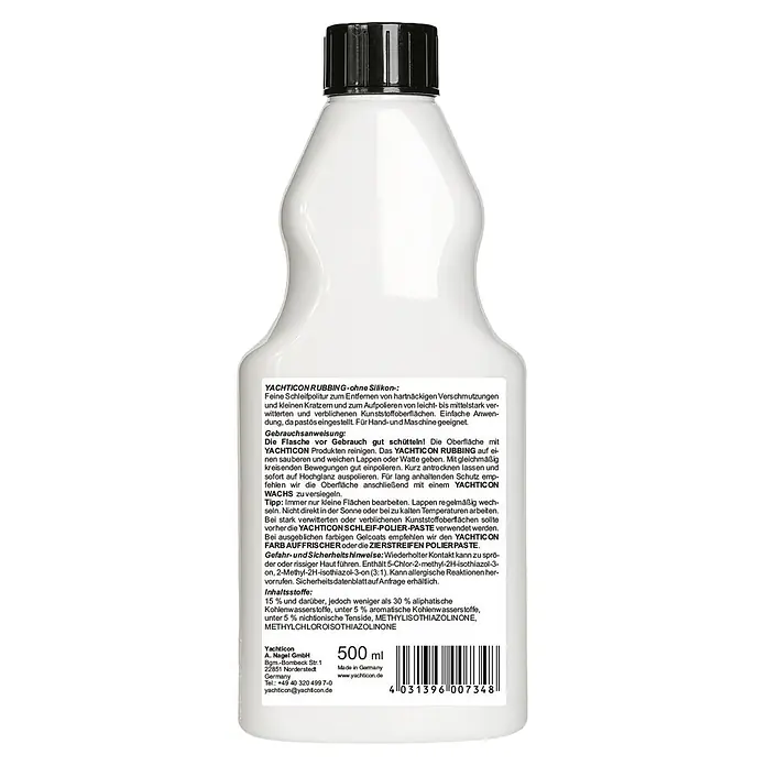 Yachticon Rubbing - Flüssig, Hochglänzend, 500 ml - Weiße Plastikflasche Yachticon Rubbing silikonfreie Polierpaste mit schwarzem Deckel.