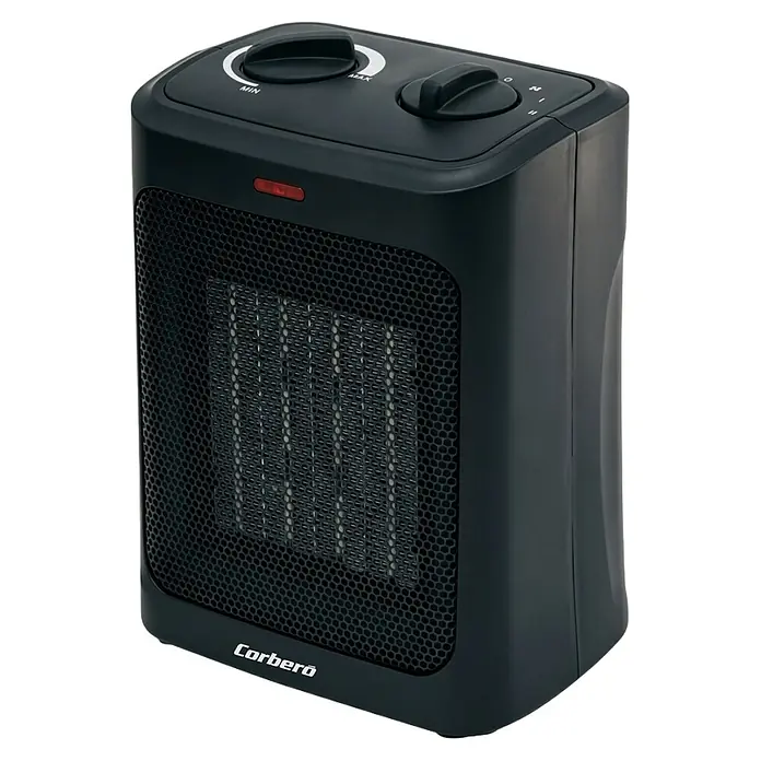 Corberó Calefactor cerámico CCPTCN1500N - Negro - Calefactor eléctrico negro compacto con rejilla frontal, dos perillas de control superiores y una luz indicadora roja.