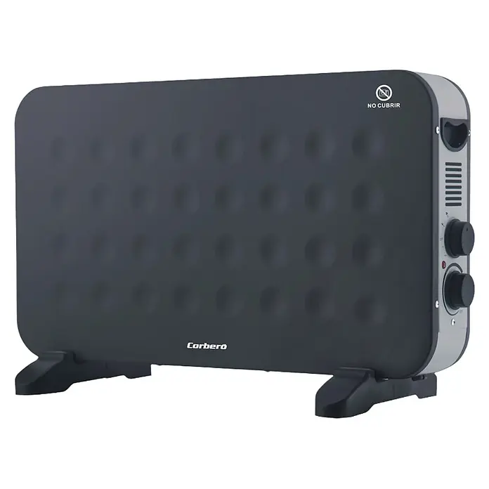 Corberó Convector CCONM2000N - 1.250 W - 2.000 W, 26 x 62 x 38,5 mm, Negro - Calefactor eléctrico gris oscuro con perillas de control y advertencia "No cubrir", de pie sobre patas negras.