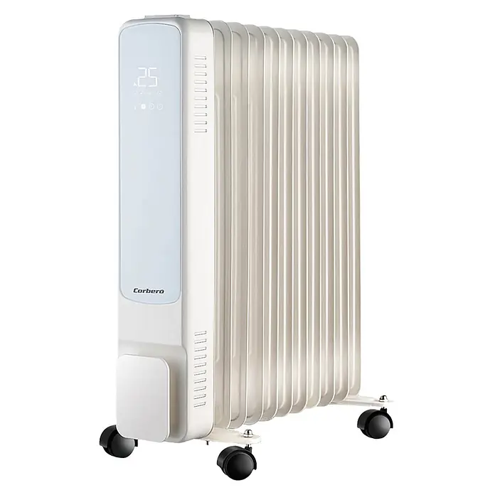 Corberó Radiador de aceite WiFi CRADN112500B - 2.500 W, Blanco, 24 x 45 x 59,5 cm - Radiador de aceite blanco con pantalla digital y ruedas para fácil movilidad.