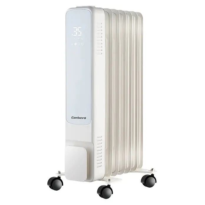 Corberó Radiador de aceite WiFi CRADN71500B - 1.500 W, Blanco, 24 x 31 x 59,5 cm - Radiador de aceite blanco con pantalla digital y ruedas para fácil movilidad.