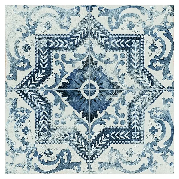 Halcón Pavimento porcelánico Kilkenny - 45 x 45 cm, Azul y blanco, Mate - Azulejo cerámico azul y blanco envejecido con un patrón intrincado de estrella y floral.