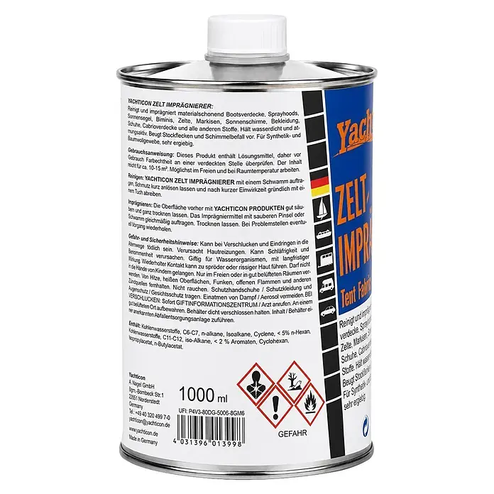 Yachticon Imprägniermittel Zelt - 1 l - Eine weiße Metallkanne mit blauem Etikett für Yachticon Zeltimprägnierer. Sie zeigt Gefahrensymbole und einen Barcode.