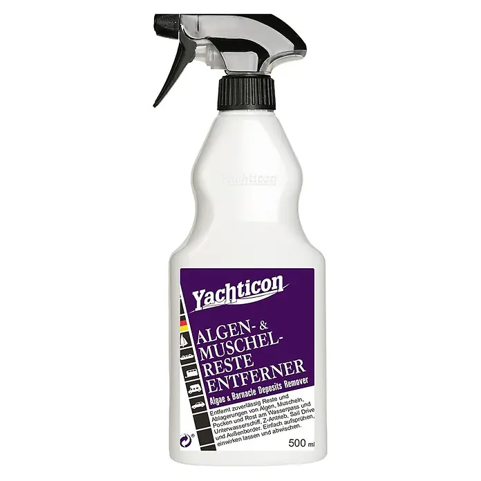 Yachticon Algen- & Muschelentferner - 500 ml, Flüssig - Weiße Yachticon Algen- & Muschel-Reste Entferner Sprühflasche (500ml) mit lilafarbenem Etikett und schwarzem Sprühkopf.