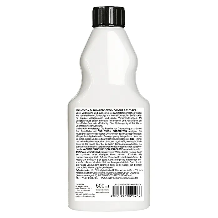 Yachticon Colour Restorer - Flüssig, 500 ml - Weiße Plastikflasche mit schwarzem Deckel für YACHTICON Farbauffrischer, 500 ml.
