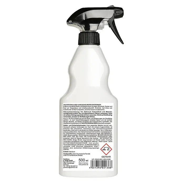 Yachticon Algen- & Muschelentferner - 500 ml, Flüssig - Weiße Sprühflasche mit schwarzem Sprühkopf, Yachticon Algen- & Muschelreste Entferner.