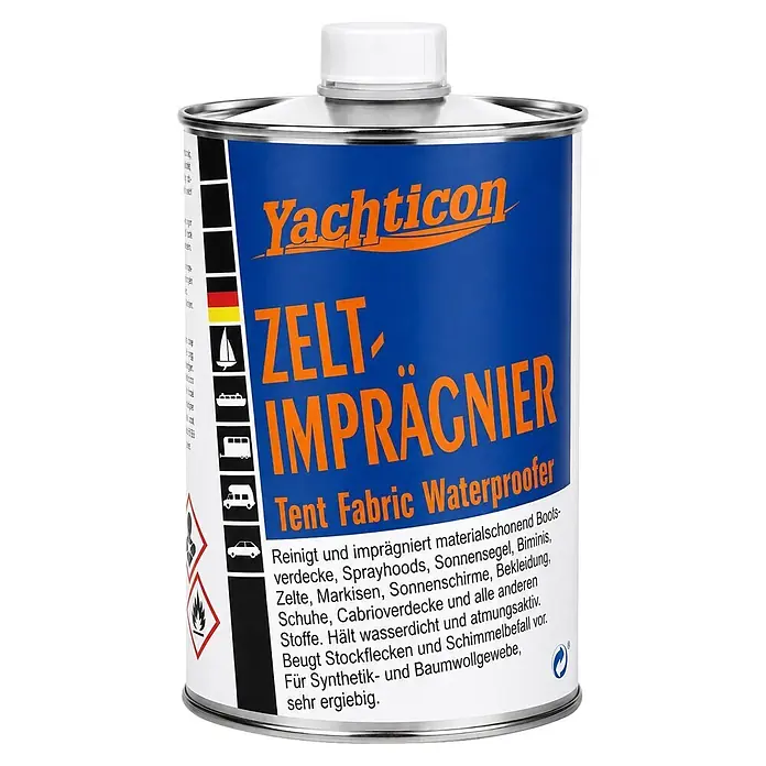Yachticon Imprägniermittel Zelt - 1 l - Metallkanister Yachticon Zelt-Imprägnierer mit blauem Etikett und weißer Kappe.