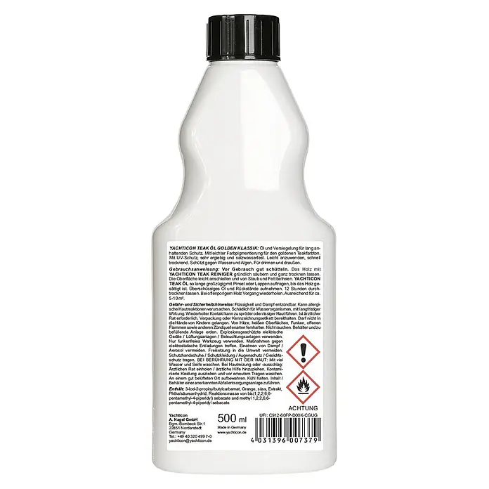 Yachticon Teak-Öl Golden Klassik - 500 ml, Gold - Weiße Plastikflasche mit Yachticon Teak Öl Golden Klassik, ein Holzöl und Versiegelung mit schwarzem Verschluss.