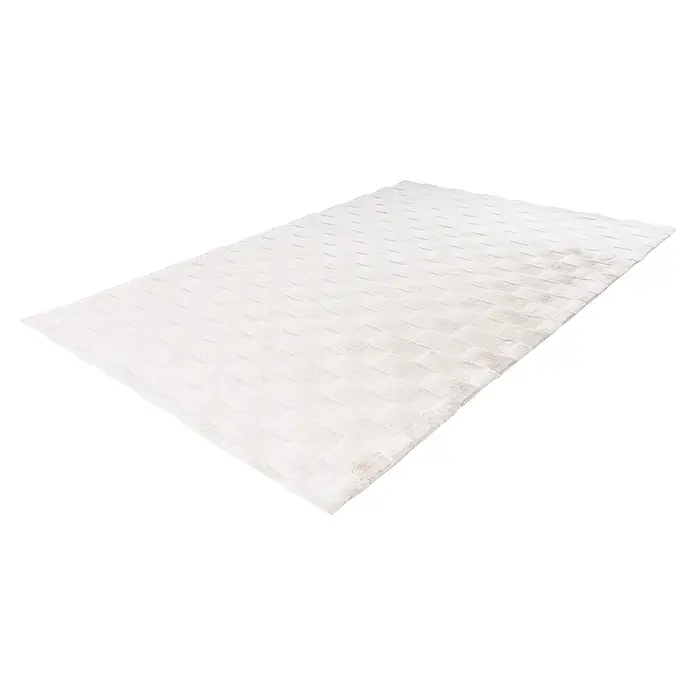 Kayoom Hochflorteppich Botany 625 - Elfenbein, 150 x 80 cm, 100 % Polyester - Flauschige weiße rechteckige Matte mit quadratischem Strukturmuster.