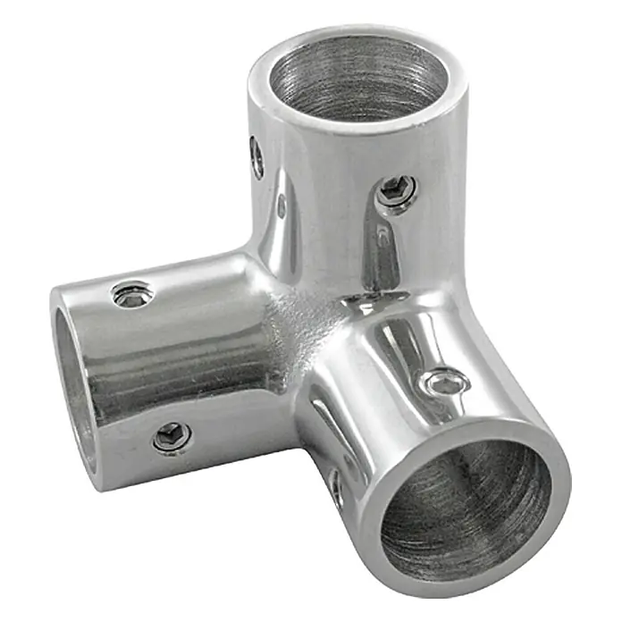 Relingverbindung - Durchmesser: 22 mm, Edelstahl - Hochglanzpolierter, silberner Edelstahl-Rohrverbinder für Boot, Marine & Bau, mit drei Anschlüssen und Schraubenlöchern für sicheren Halt.
