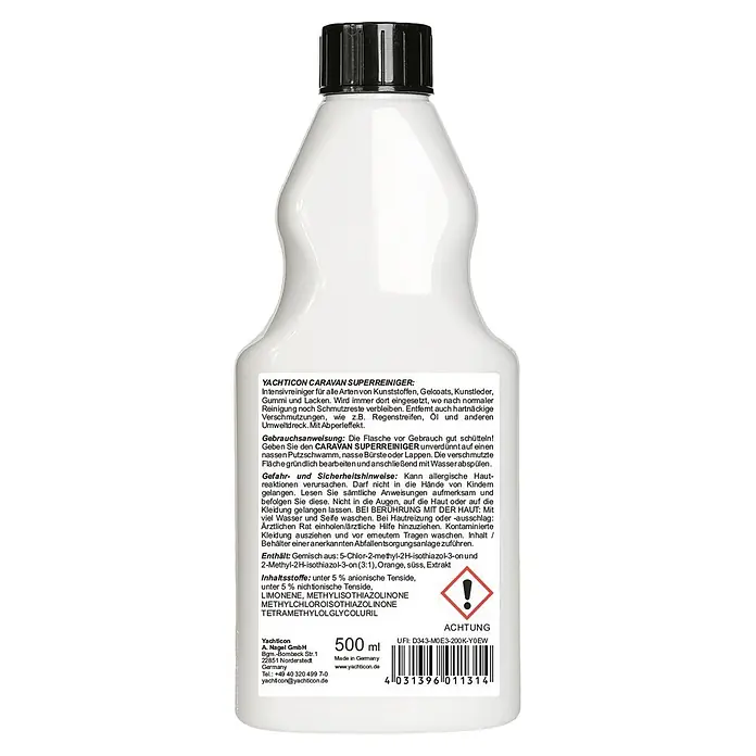 Yachticon Reinigungsmittel Caravan Superreiniger - 500 ml - Weiße Kunststoffflasche Yachticon Caravan Superreiniger (500 ml) mit schwarzem Schraubverschluss und Produktetikett.