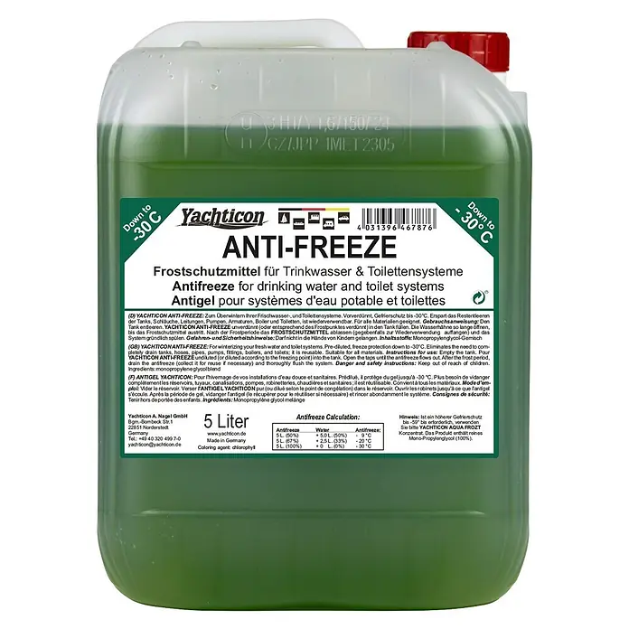Yachticon Frostschutzmittel - 5 l - Grünes Frostschutzmittel für Wasser- und Toilettensysteme in einem 5-Liter-Kanister, schützt bis -30°C.