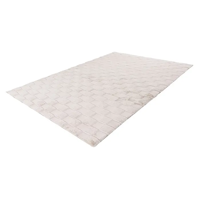 Kayoom Hochflorteppich Botany 625 - Helltaupe, 230 x 160 cm, 100 % Polyester - Weißer rechteckiger Teppich mit erhabener Quadratmuster-Textur.