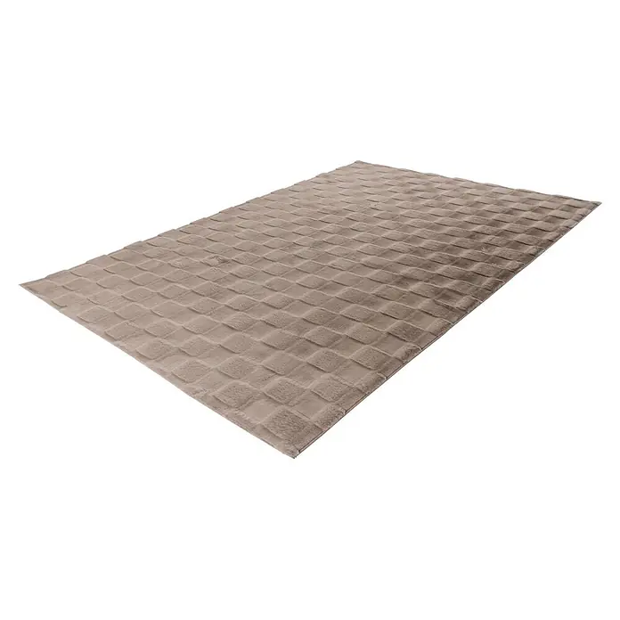 Kayoom Hochflorteppich Botany 625 - Taupe, 150 x 80 cm, 100 % Polyester - Weicher, hellbrauner rechteckiger Teppich mit einem strukturierten, erhabenen Karomuster.